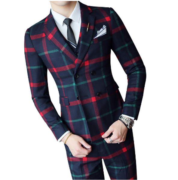 

plaid wedding suit 2020 fashion check suit men vintage prom banquet men slim fit double breasted jacket vest pant, White;black