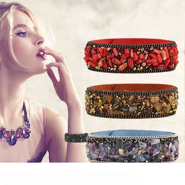 

korean gravel velvet bangle multi color natural crystal stone wide leather wristbands bracelets for women female fashion jewelry sale, White