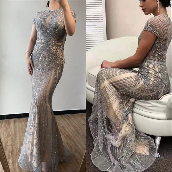 

prom dress luxury rhinestones nude tulle mermaid short sleeves major beaded pageant formal evening gowns robe de soiree, Black