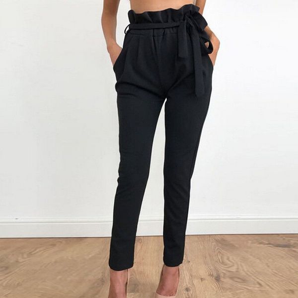 

summer women's casual black pants casual slim drawstring elastic long pants ladies pencil trousers high waist with belt, Black;white