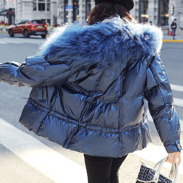 

2019 winter jacket women 90% white duck down coat short parkas large real fur collar outerwear waterproof glossy jackets jm007, Black