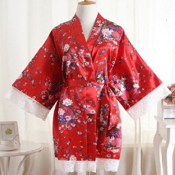 

women lace robe silk satin robes wedding bridesmaid bride gown kimono solid floral bridesmaid robes gowns bride bath robe, Black;red
