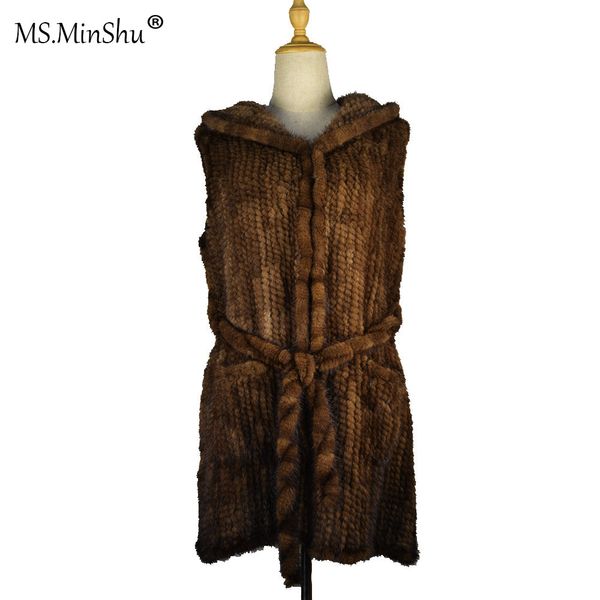 Ms.minshu genuíno mink colete de cabelo mulheres casaco de pele real com capuz de pele e cinto de pele colete quente personalizado frete grátis