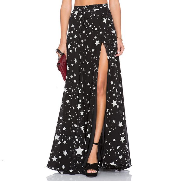 

long skirt women skirts new 2019 fashion high waist long skirts womens star printing floor length chiffon split fs0277 drop shipping, Black