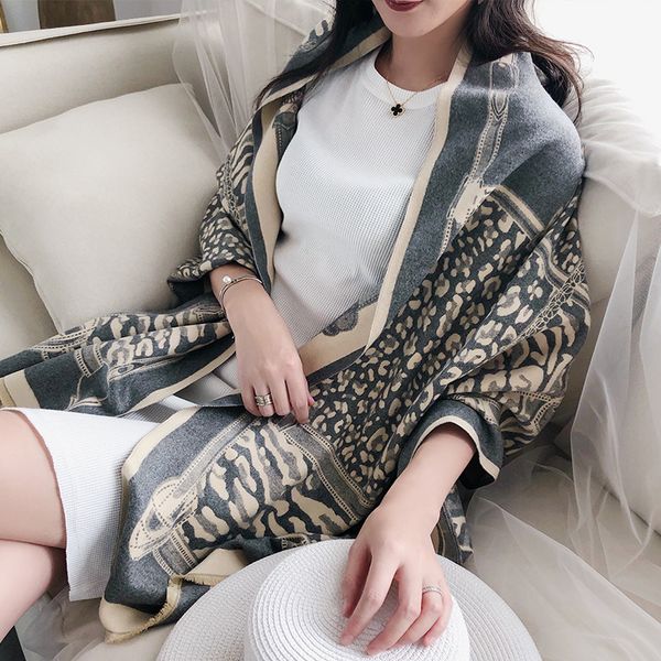 

winter modal feeling scarf women leopard silk cashmere shawls wraps femme luxury wool stole ladies autumn blanket cape, Blue;gray