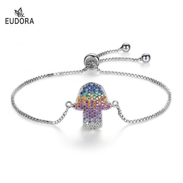 

eudora hamsa hand of color cubic zircon charm bracelets for women female friendship hand of fatima crystal adjustable bracelet, Golden;silver