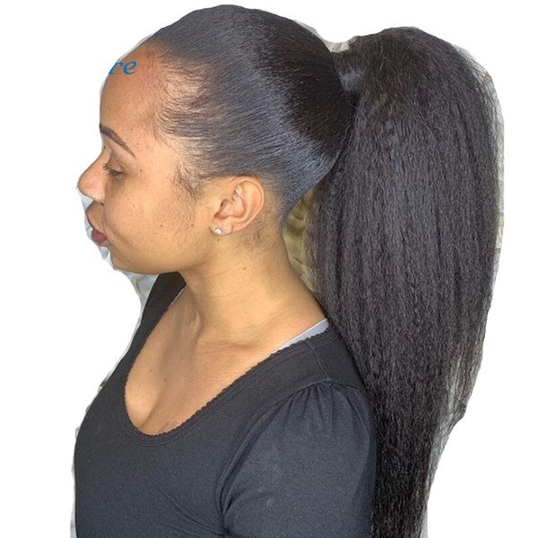 

kinky straight malaysia human hair drawstring ponytail clip in hair extensions natural color remy 2 clips afro ponytail yaki straight hair, Black