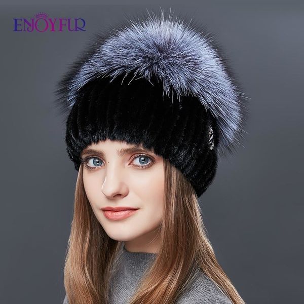 

enjoyfur реальный щепка лисий мех шляпа женский натуральный мех норки зимние шапки для женщин роза стразы лоскутное смешивание цвета шапочки, Blue;gray