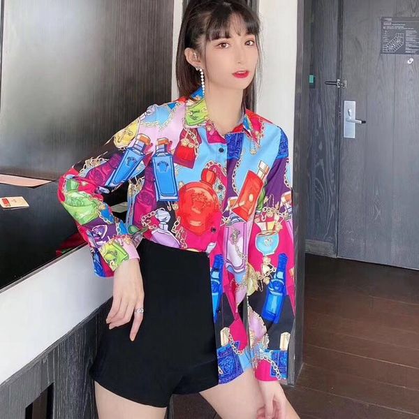 

blouse women 2020 casual perfume bottle print colorful harajuku vintage shirt highstreet spring ladies clothing blusas mujer, White
