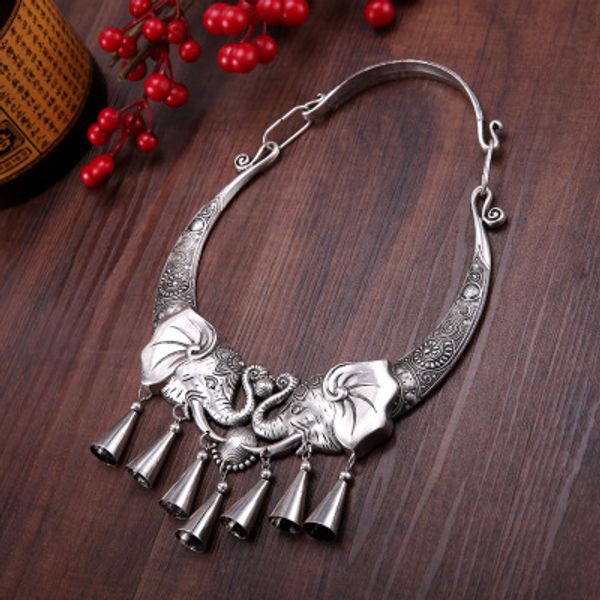 

китайский miao национальный стиль ретро серебряный воротник дракон павлин колокол кулон ожерелье для женщин элегантные большие украшения для, Silver