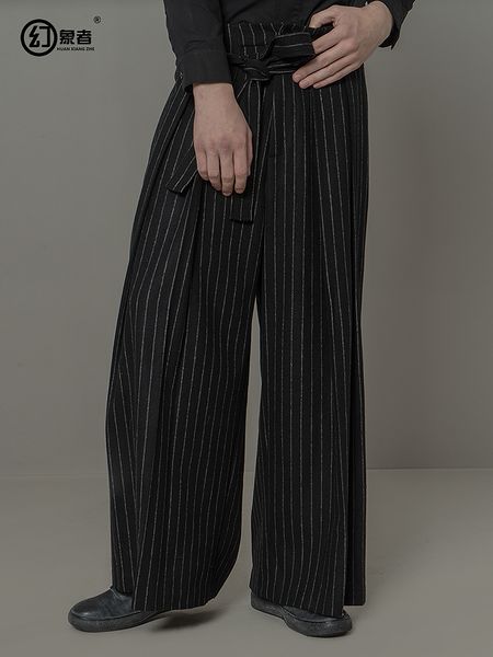 

original designer winter new men's day retro wool trousers restore ancient ways arder stripes wide leg trousers straight pants, Black