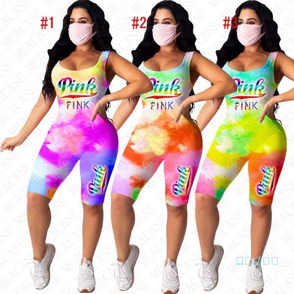 

tie-dye gradient color women jumpsuit rompers letters sleeveless short pants overalls bodysuit one piece shorts skinny onesies d5502, White