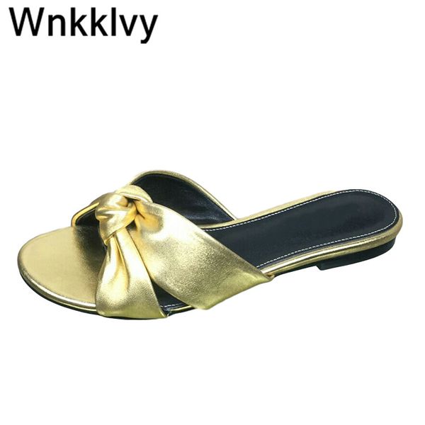 

shiny leather slippers summer dress shoes woman flipflops lazy mullers flat butterfly knot gold silver sandals for girls 2020, Black