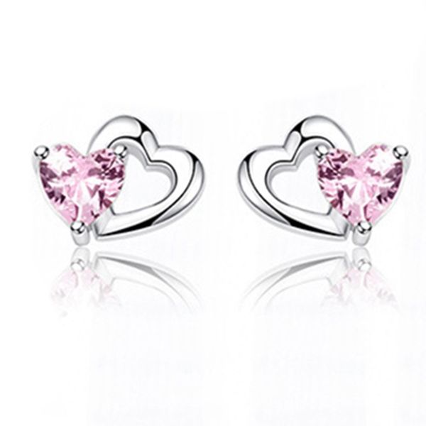 

romantic love shiny pink zircon heart stud silver earrings women's jewelry wedding gift, Golden;silver