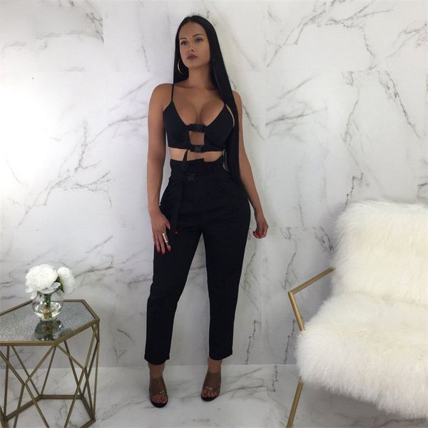 

sexy crop top ремень кнопка fly две пьесы комплекты новое прибытие твердые женские повседневные брюки кнопка карманы tanksuits, White
