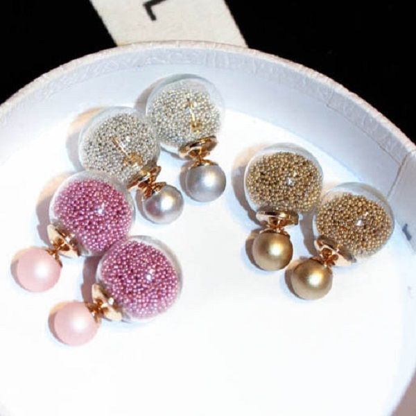 

cute lovely sands transparent glass ball stud earrings for woman girls fashion luxury designer double sided, Golden;silver