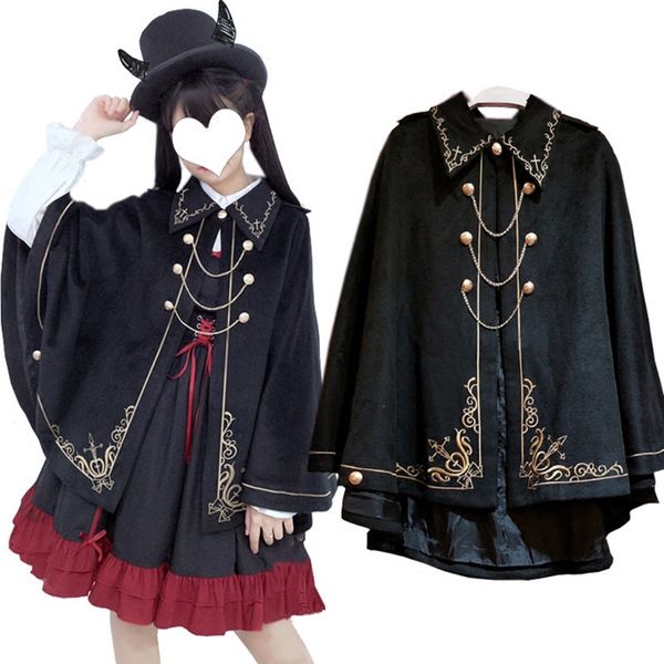 

winter woolen women cloak magic school coat gold cross embroidery gothic black lolita princess royal long cape preppy blends