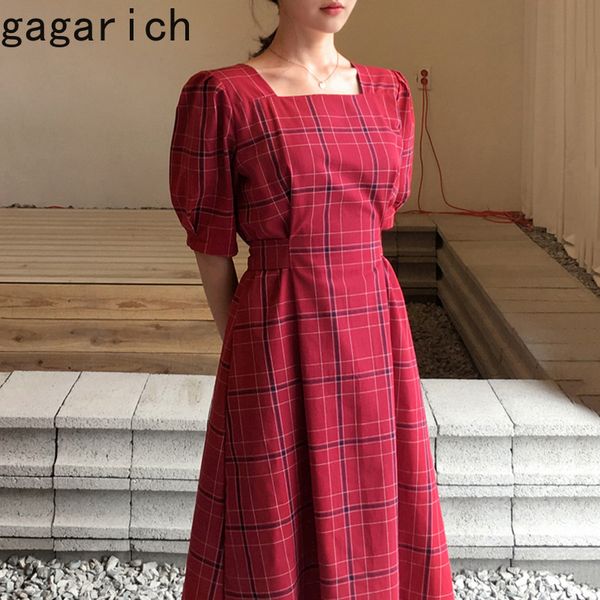 

gagarich elegant red dress women fashion korean style retro square collar loose high waist lace bow puff sleeve plaid dresses, Black;gray