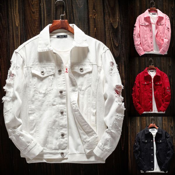 

mens jackets autumn winter casual long sleeve turn-down collar solid denim jacket coat 2019 hip hop etro hole jacket street, Black;brown