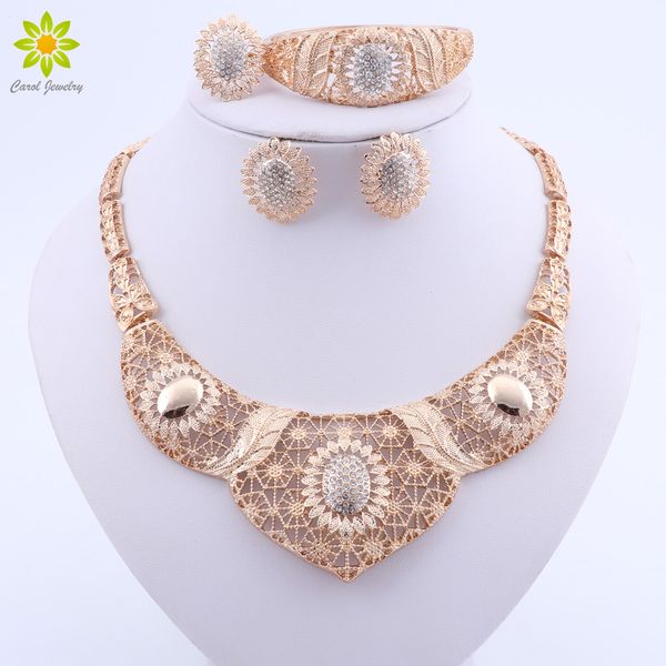 

wedding jewelry sets for brides crystal necklace earrings bracelet ring set for women dubai gold color costume jewellery, Slivery;golden