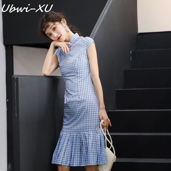 

ubei summer new cheongsam young style dress plaid daily girl students short chinese style slimming fish dress, Black;gray