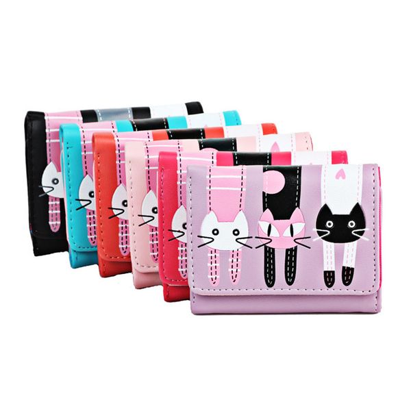 

women coin purse pu leather cartoon cat card holder ladies casual clutch money bag short wallet wf 668, White