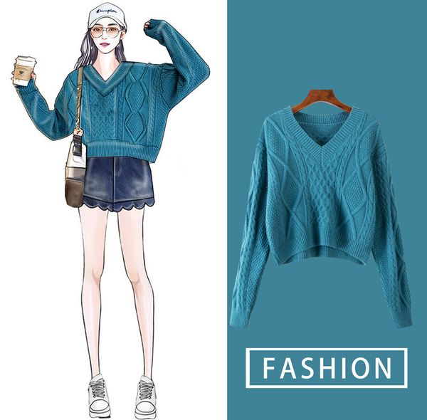 

short fund sweater woman 2019 easy show thin autumn outfit v lead solid color pullover long sleeve sweater, Black
