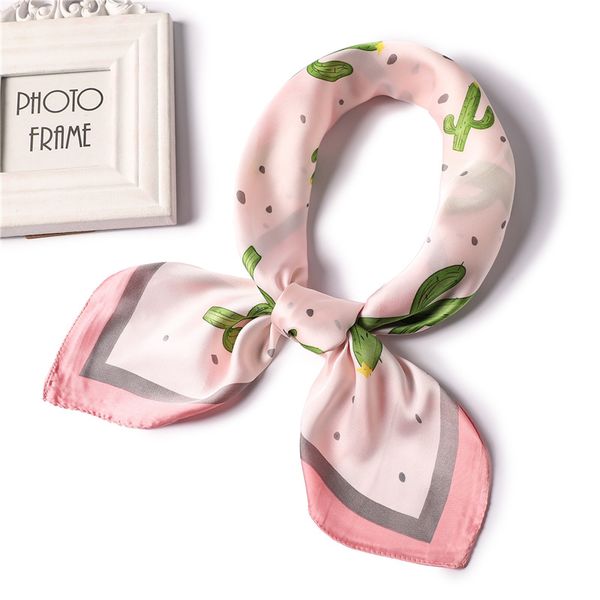 

lakysilk]2019 new spring small square women scarf pink cactus print girls head neck hair scarves silk satin woman scarfs summer