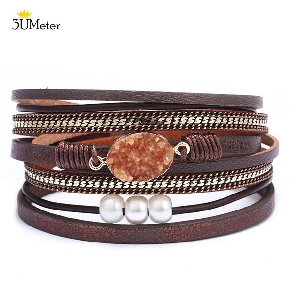

multilayer wrap bracelets for women brown layered leather bracelet rhinestone pearl wide charm bangle jewelry birthday gifts, Golden;silver