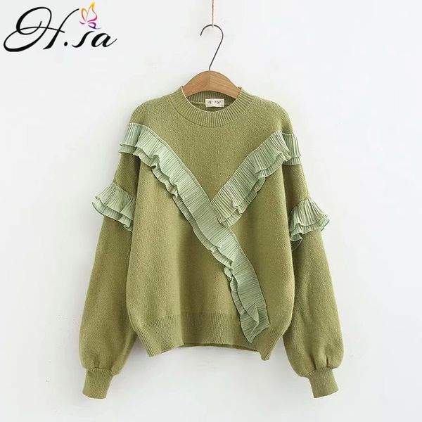 

h.sa 2019 oneck women pullover and sweater jumpers oneck ruffles patchwork lace robe pull korean sweater sueter feminino, White;black