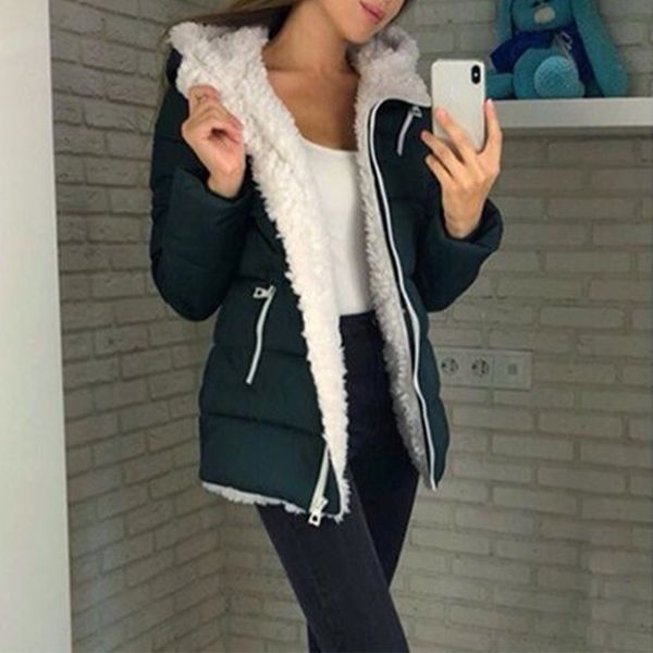 

solid loose windproof fashion plain zip women winter coat with hood thick plus velvet quilted ultra light casual long sleeve, Black