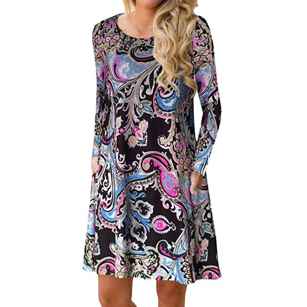 

dress women long sleeve o neck printed pockets casual loose beach holiday slim soft touch 2019 new arrival dresses summer, Black;gray