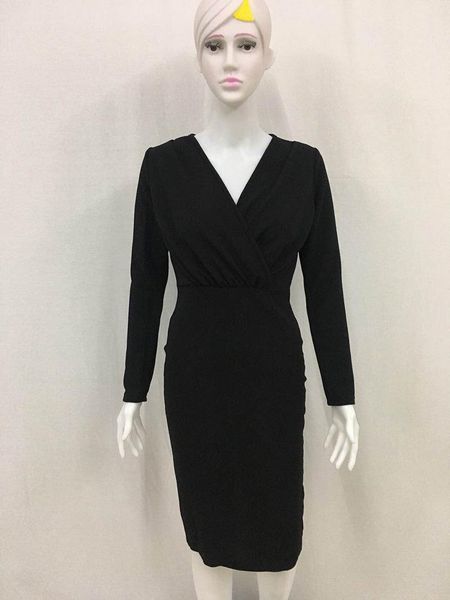 

black new products women's wear dress deep v fold buttock spring and autumn long sleeves pure color longuett, Black;gray