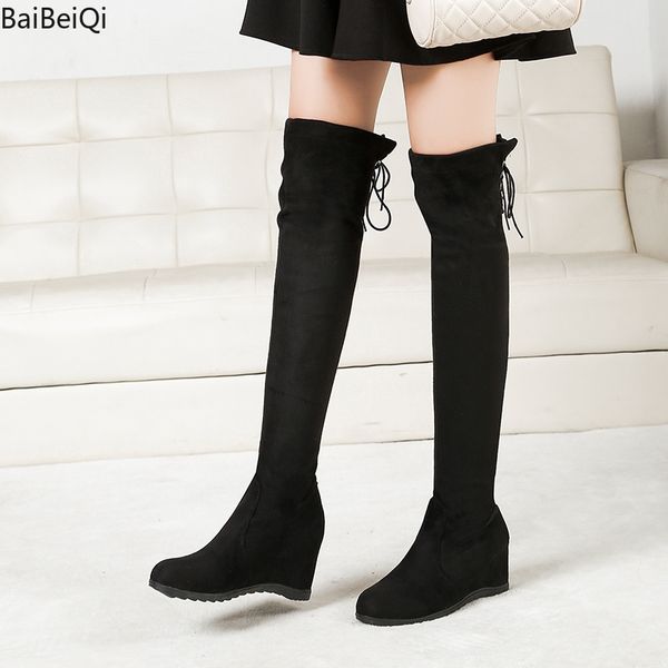 

new women casual over knee boots shoes women increase within mid heels dress warm snow thigh high boots shoes woman botas mujer, Black
