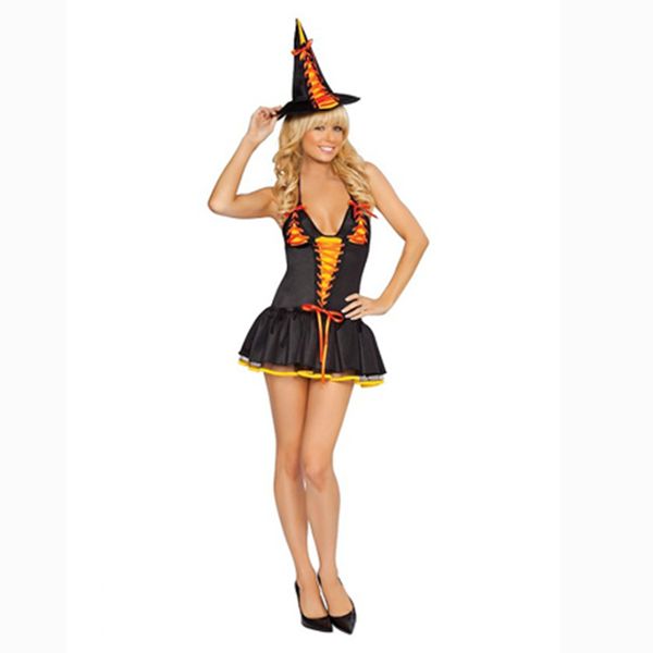 

black witch hat carnival party costume with pumpkin color long dress cosplay dress halloween costume, Silver