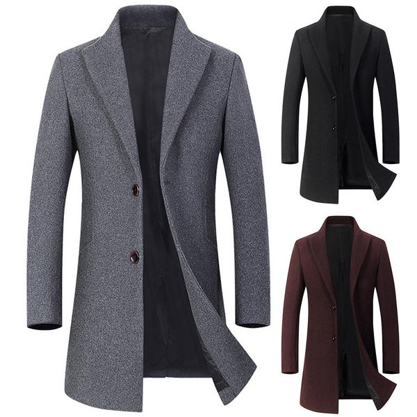

chic men winter long sleeve lapel collar single-breasted warm woolen trench coat long sliming men wool trench coat male, Tan;black