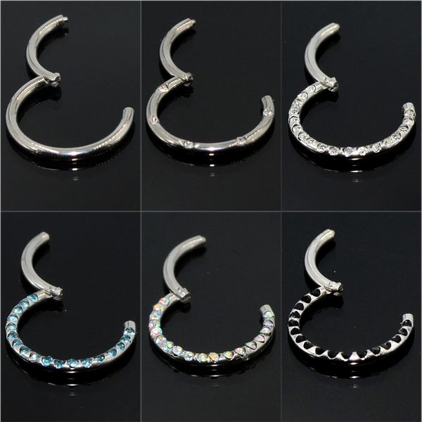 

1pc stainless steel&titanium septum clicker cz gem nose ring labret lip ring ear tragus helix cartilage earring piercing jewelry, Slivery;golden