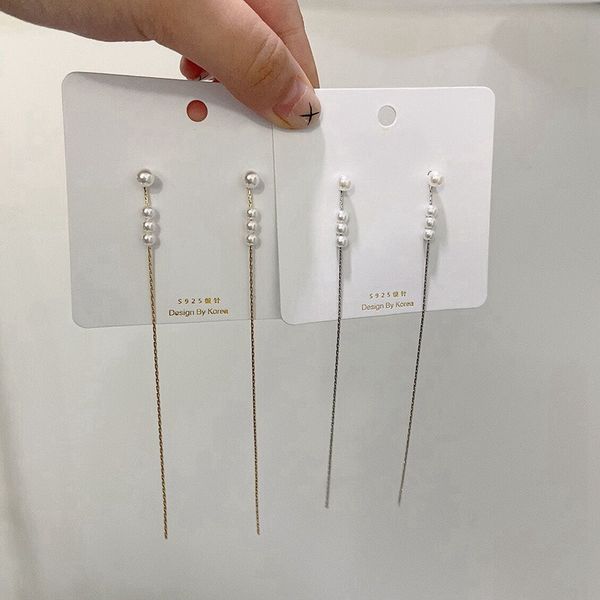 

korean new vintage elegant simulated pearl long tassel earrings for women girl trendy daily simple accessories, Silver