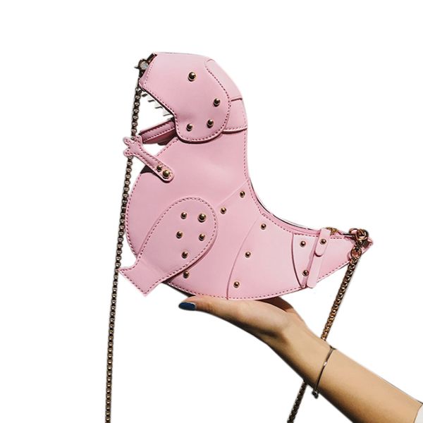 

ljl-women messenger bags dinosaur shape pu leather rivet chain crossbody shoulder bag girl mini clutch purse(pink