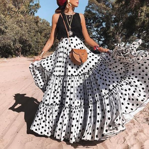 

shujin women's sets women +skirts polka dot casual dress plus size long pleated maxi sleeveless summer boho beach, White
