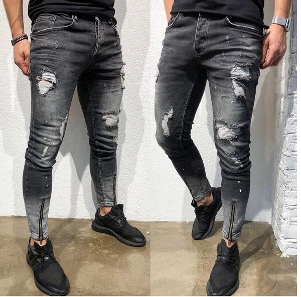 Mens Elegante rasgado skinny slim Jeans Fashion Designer Lavados Zipper Painéis motociclista Hetero desgastado Stretch denim Calças Streetwear Calças