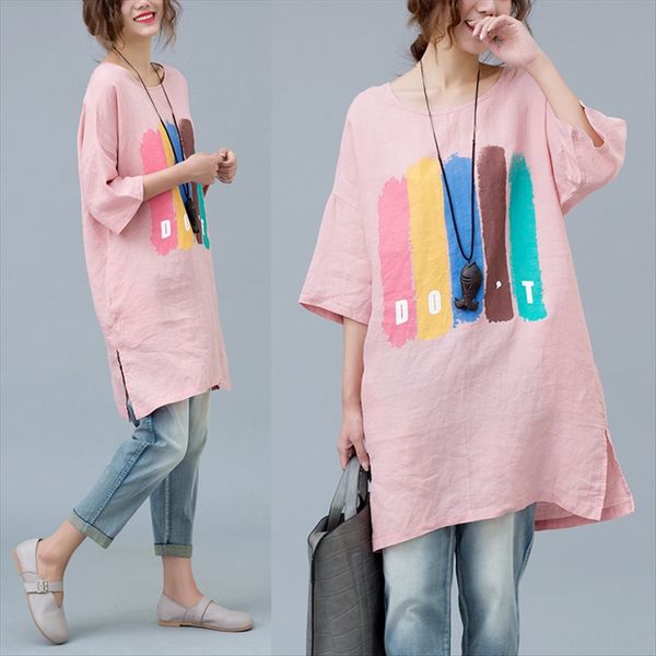 

women's t-shirt medium sleeve solid color loose large size cotton linen t-shirt cotton linen casual women's top, White