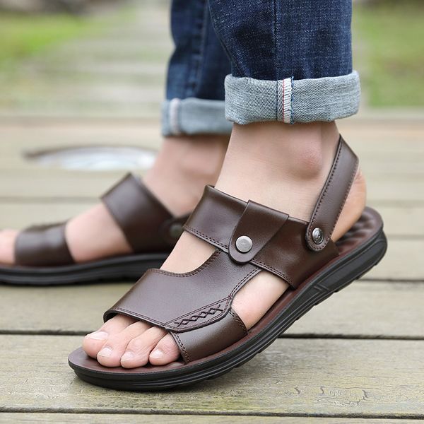 

summer beach shoes men's trend casual non-slip sandals 100% leather men's sandals shoe mens gladiator summer, Black