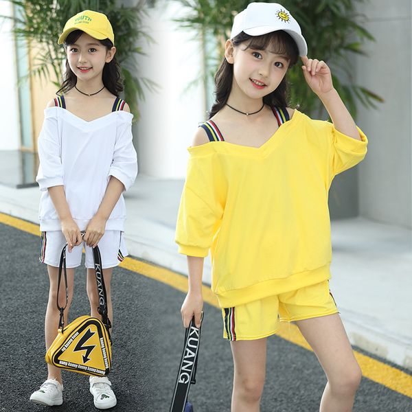 

дети девушки одежда наборы лето новый костюм сплошной цвет подтяжка топ + шорты из двух частей девушка мода спортивный костюм 5 7 9 11 12 го, White