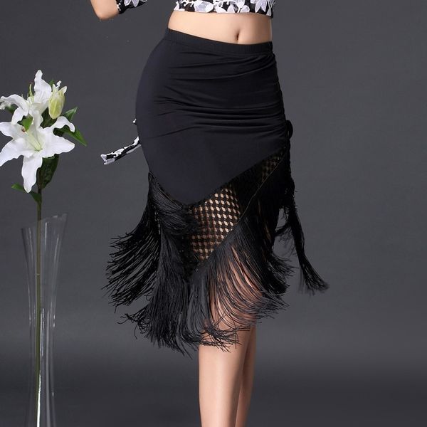 

women latin skirt tango rumba ballroom tassels practice dancewear 803-573, Black