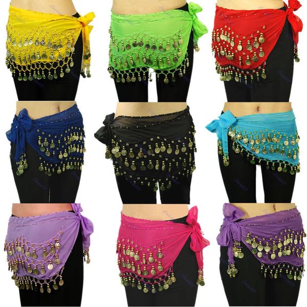 

new chiffon belly dance hip scarf 3 rows coin belt skirt w715, Black;red