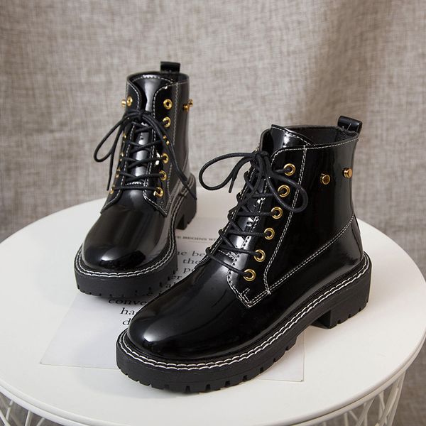 

boots ladies boots 2019 autumn and winter new patent leather / matte black fashion lace motorcycle
