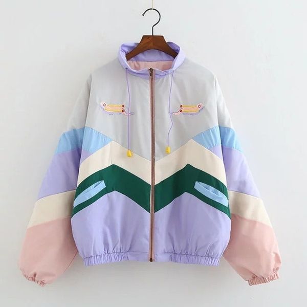 

2019 new women pastel bomber jacket cute embroidery color block duster souvenir sukajan jacket japanese girls harajuku style -85, Black;brown