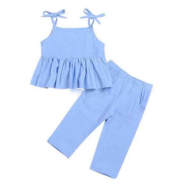 2019 Estate Neonata Vestiti Halter Camicia arruffata Top Mini abito + Pantaloni lunghi per bambini Pantaloni Blu Abiti per bambini 1-6Y