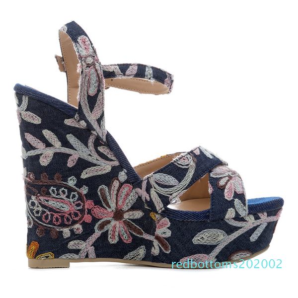 

wholesale summer women high heels sandals woman heels shoes denim embroider platform women wedges sandals zapatos mujer blue r02, Black